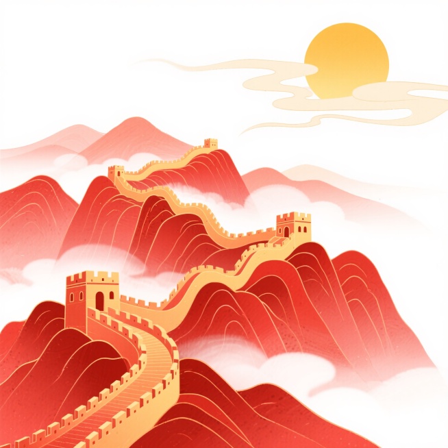 党建主题插画，白色背景，中国传统水墨风格与现代扁平插画融合，雄伟的长城蜿蜒于层叠的红色山峦之上，金色的太阳高悬天际，云雾缭绕山间，整体色调以中国红和金色为主，构图简洁大气，线条流畅，富有层次感和意境，展现庄重、辉煌、向上的氛围。预览效果