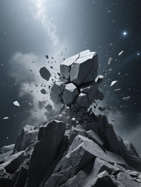 3D渲染风格，灰色调岩石从山顶崩裂飞溅的动态场景，岩石表面有粗糙的纹理和阴影细节，光源来自上方形成柔和的高光与阴影对比，构图采用三分法突出岩石崩裂的动态感，营造出力量与破碎的氛围，背景变换为深邃的宇宙星空，星星点点的光芒与岩石的灰色形成对比，保持画面整体的简约与冲击力。预览效果