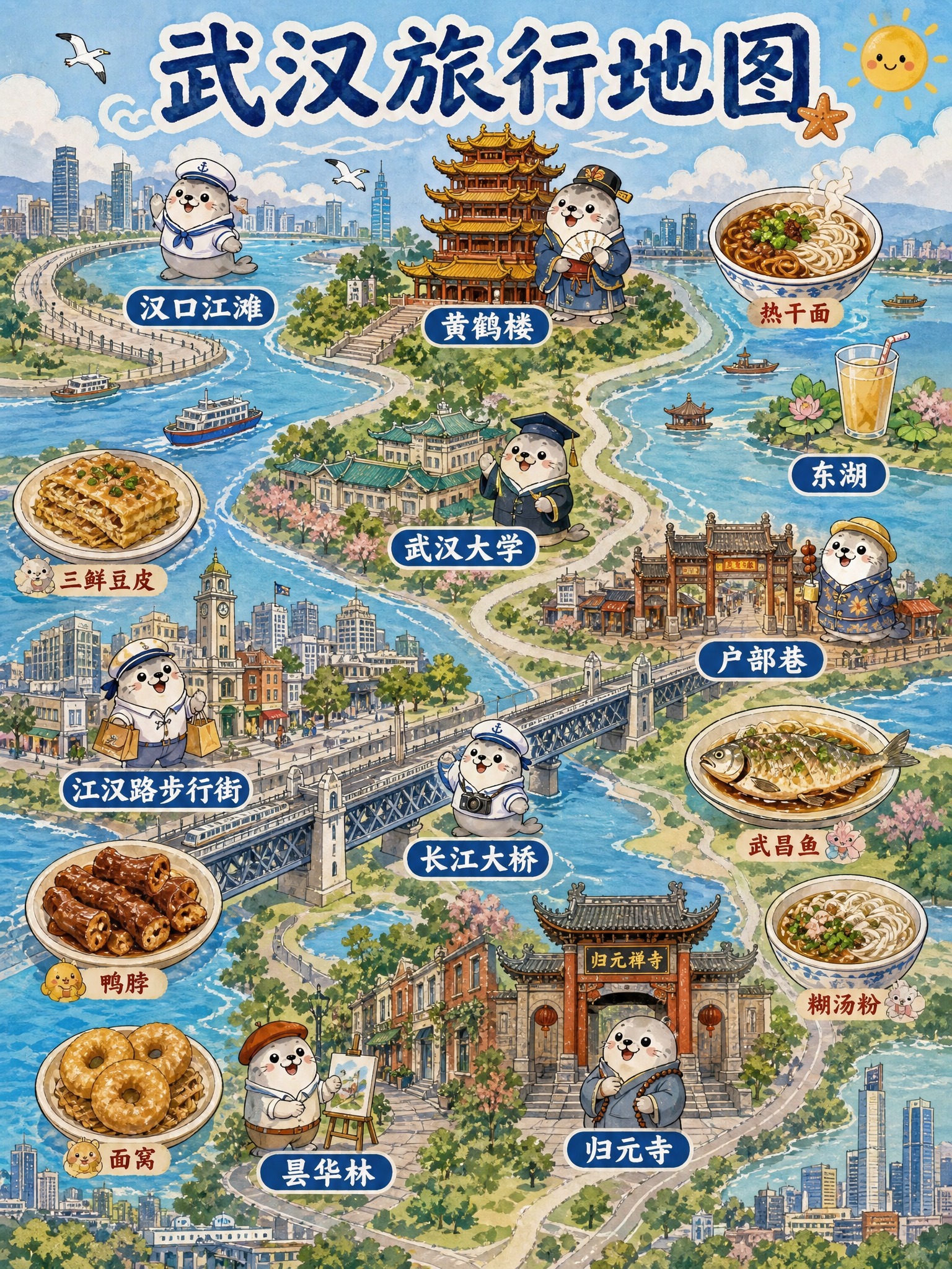 将这张烟台旅行地图改成武汉旅行地图，保持完全相同的手绘水彩卡通… - 图片创意预览