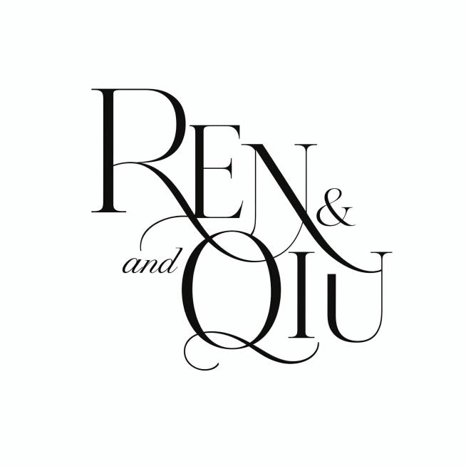 参考图片风格，设计婚礼logo，结合字母REN & QIU，使用黑色优雅衬线字体，艺术化交叉排版，保留and字样，白色背景，高级简约婚礼标识设计预览效果