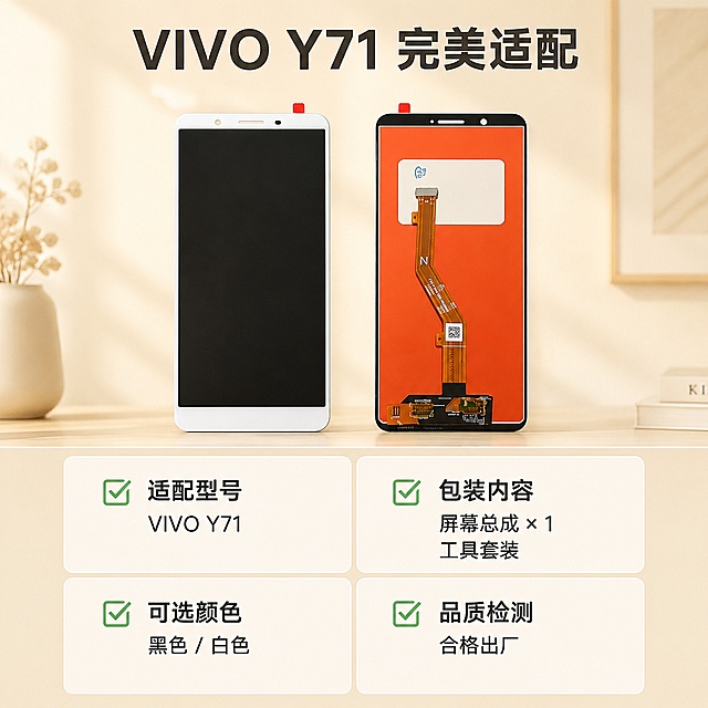 「图片1」，生成一套主图（5张），商品名 VIVO Y71屏幕总成 ，卖点是***，风格是家居治愈风，适配拼多多平台，主图比例为1:1不要有带有“赠品”“送” 相关文字信息，不要带有寄修与维修服务类相关的文字
