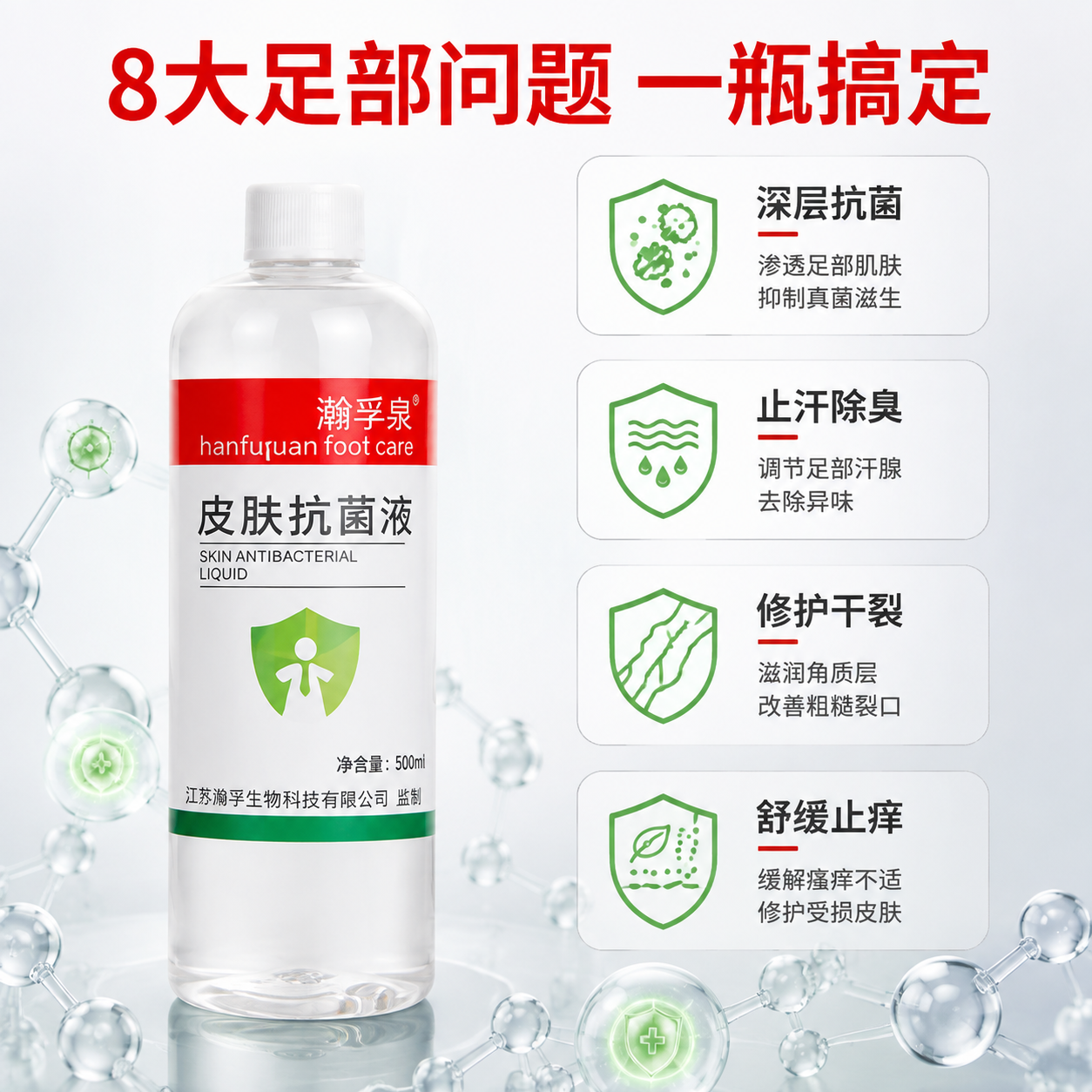 [主图-2] 核心功效解析，展示皮肤抗菌液针对足部8大问题的作… - 图片创意预览