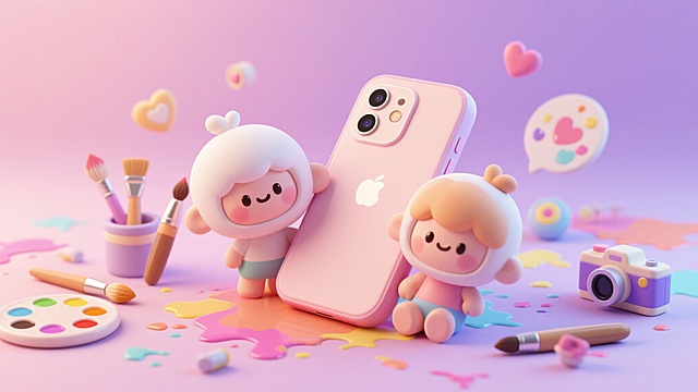 画面中心是一个比较真实的正斜面朝向的手机，手机背后有两三个卡通娃娃人物依靠着探出头，周围散落着泼洒的颜料、调色盘、画笔、笔刷等工具，还有一些小相机和心形元素，背景是浅粉色或梦幻紫的渐变色，整体呈现可爱软萌的3D风格，材质简单、圆润柔和
