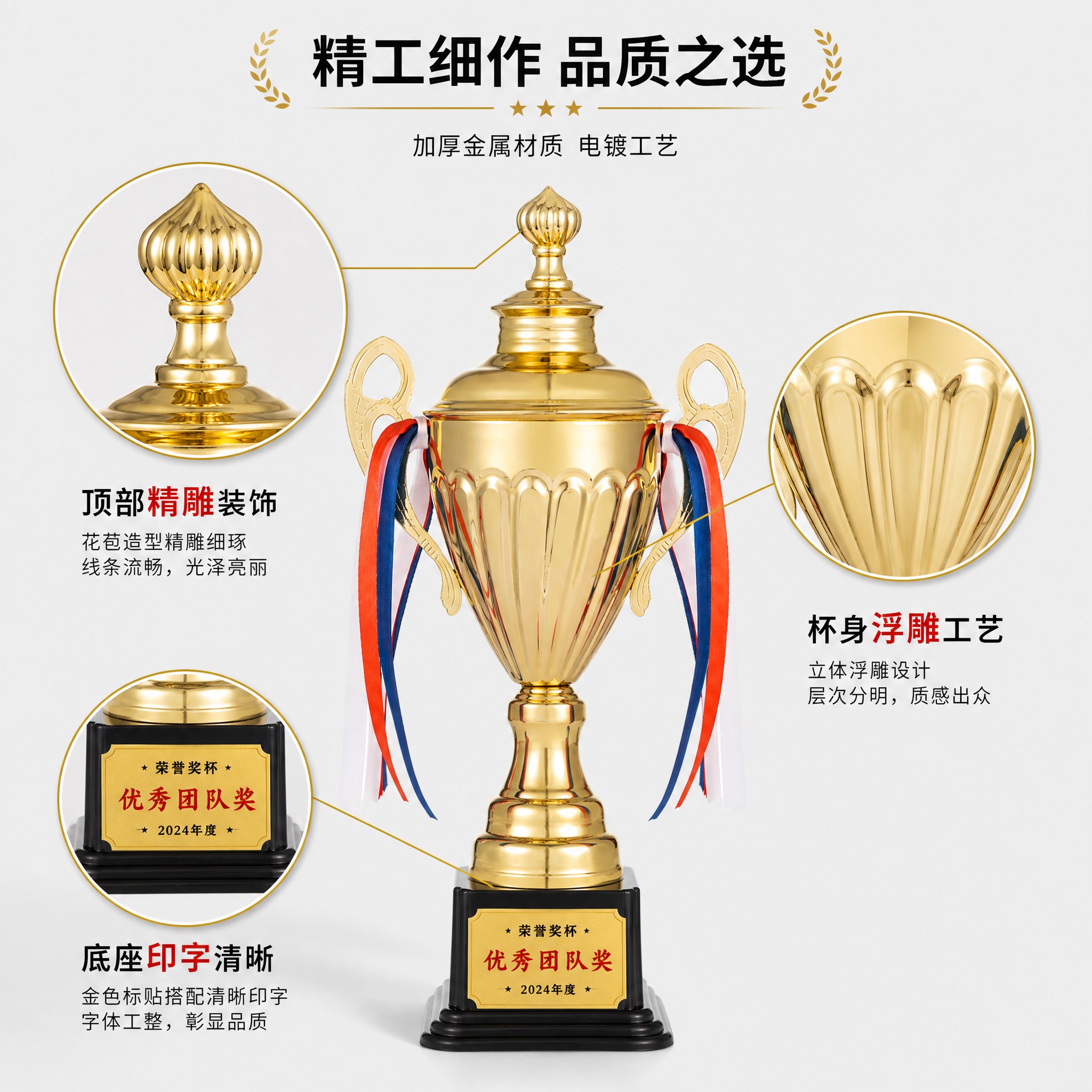[主图2-细节品质图] 1502系列金色金属奖杯细节展示图，突… - 图片创意预览