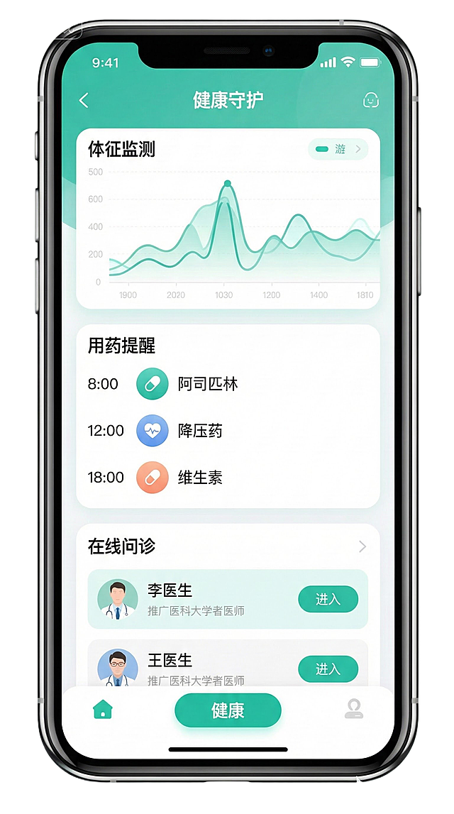 按照图这样的风格、颜色，做一张健康管理的UI界面（里面包括三个功能：体征监测、用药提醒、在线问诊）