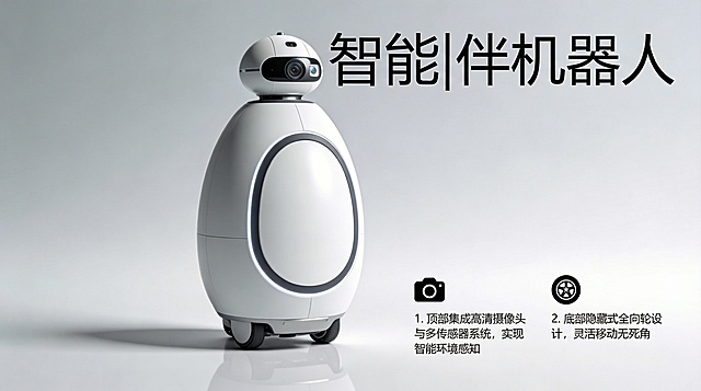 这是机器人的产品概念图，请帮我生成产品的宣传海报。这是海报生成的要求：海报应包含产品名称； 海报中展示产品的2个核心功能或优势。这是提示词：极简主义设计，蛋形机器人，哑光白色椭圆形机身，中部有深灰色凹陷环形光环灯带。顶部是集成摄像头和传感器的半球形模块，底部配备隐藏全向轮。采用高级磨砂塑料和铝合金材质，站立在纯净浅灰渐变背景上，带有柔和的倒影阴影，影棚灯光，干净而充满未来感的产品摄影，超高清细节，8K画质，虚幻引擎渲染。