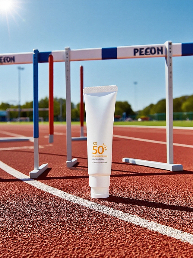 产品放在塑胶跑道上，旁边有跨栏，烈日暴晒