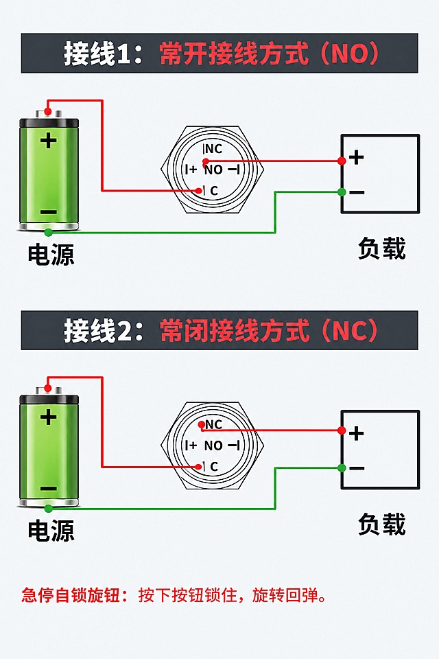 淘宝详情页接线电路图，宽度750px，电工接线参考图，电路连线绝对不能改。背景为极浅冷灰色，留白充足，与前面页面风格统一。

上下两组电路图完全照搬原图结构，所有红色线和绿色线的走向、连接点与原图完全一致，一根线都不动。绿色电池符号（标电源）、中间八角形按钮符号（标NC、I+、NO-I、C端子）、右边方框负载（标负载）全部保留原样。电池绿色填充、红绿连线保持电气图标准配色不变。

第一组深炭灰色横条标题，白色加粗字"接线1："+红色字"常开接线方式（NO）"；
第二组深炭灰色横条标题，白色加粗字"接线2："+红色字"常闭接线方式（NC）"；

底部一行红色字："急停自锁旋钮：按下按钮锁住，旋转回弹。"

不加多余装饰。无水印。