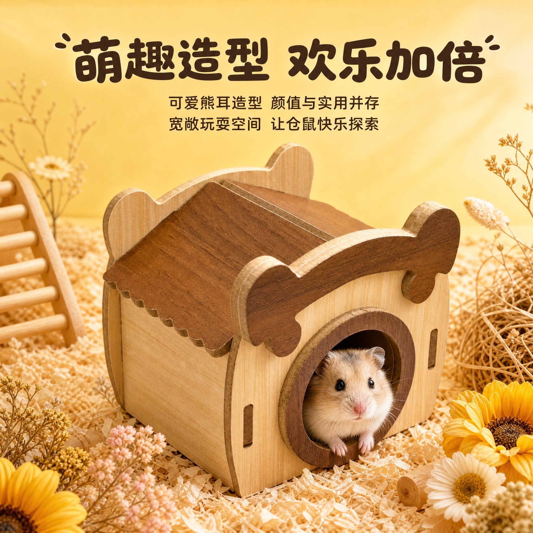 [主图-2] 欢乐屋仓鼠木质躲避窝卖点主图，核心任务：突出可爱… - 图片创意预览