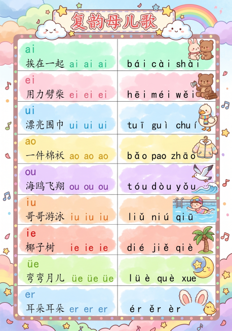 在原图基础上修改，增添趣味性，丰富字体颜色，给复韵母儿歌表格添加可爱卡通风格背景，将每个复韵母标题字体改成不同鲜艳活泼的马卡龙颜色，保留所有文字内容和表格排版不变，适合幼儿园小朋友观看预览效果