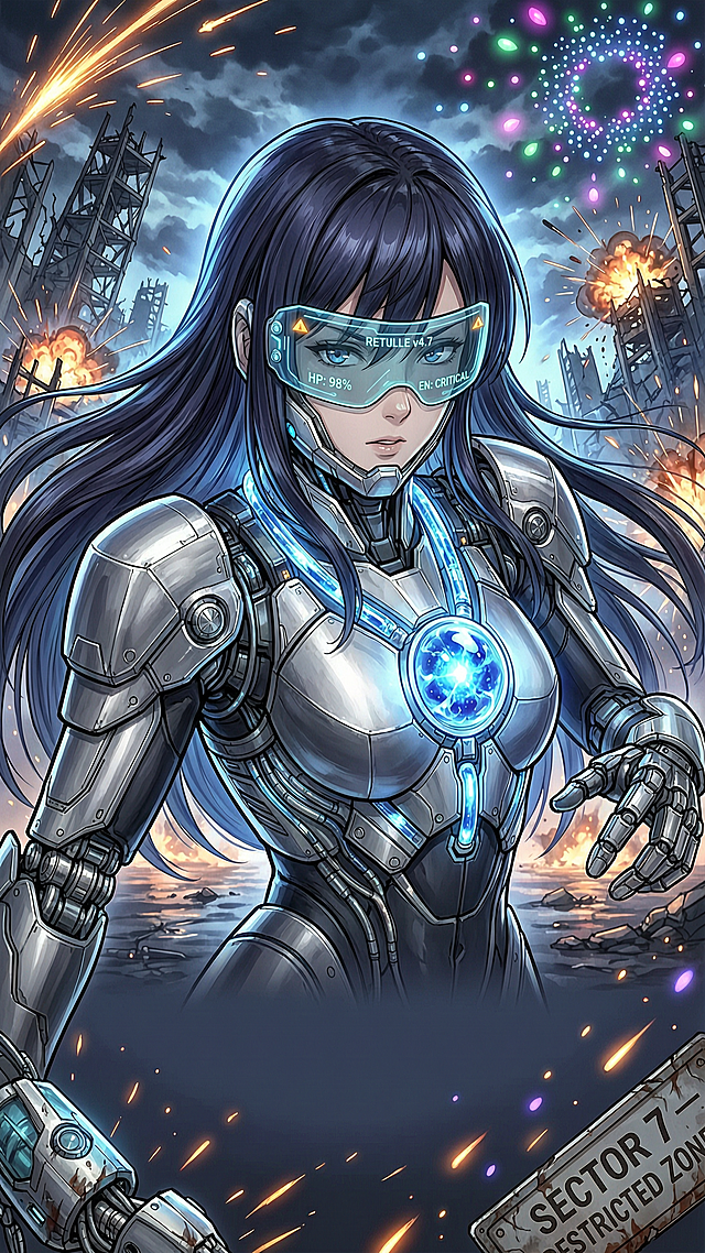 masterpiece, best quality, 8k, ultra-detailed, novel cover art, 1girl, mecha musume, upper body, dynamic pose, silver and black futuristic mecha armor, glowing blue energy core, flowing dark hair, cybernetic visor, dramatic backlighting, sparks in sci-fi battlefield background, floating neon particles, high contrast, vibrant colors, cinematic composition, negative space at the bottom for title text