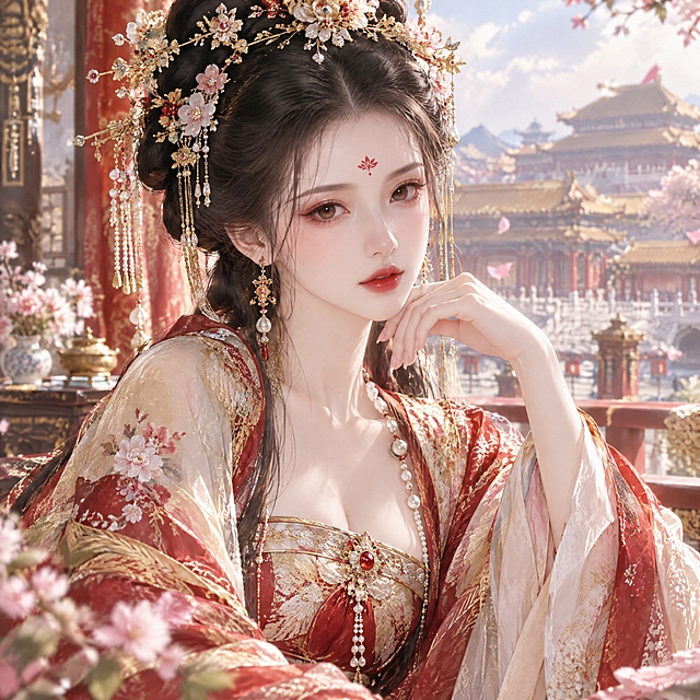 爱妃，古风宫廷美人，华丽古装，精致妆容，优雅气质，唯美画风