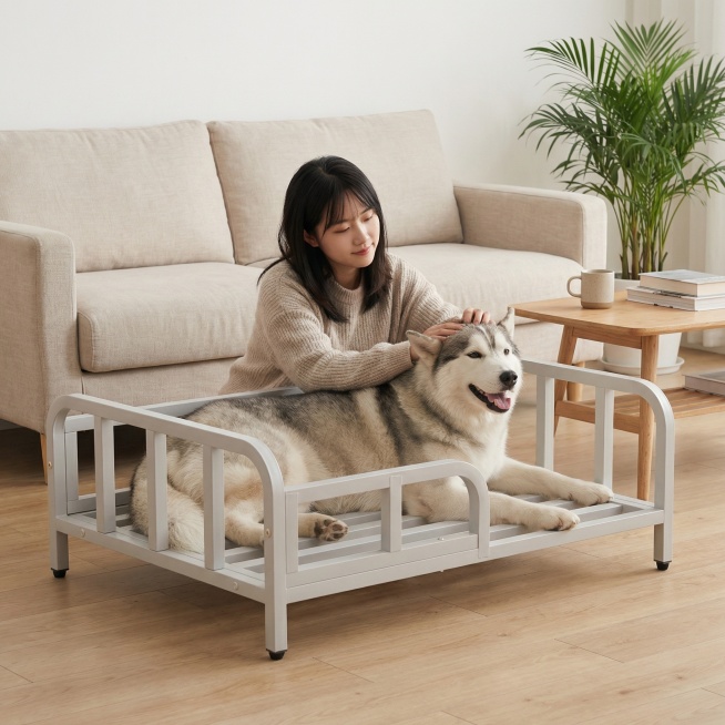 浅灰色金属框架狗床，保持原产品物理结构绝对不变，床下面没有轮子，床腿没有额外东西，床上没有床垫。产品主体不变形不扭曲。
平视中景构图，平稳放置在日式客厅的原木地板上，背景是浅米色亚麻沙发，淡雅温馨。预览效果