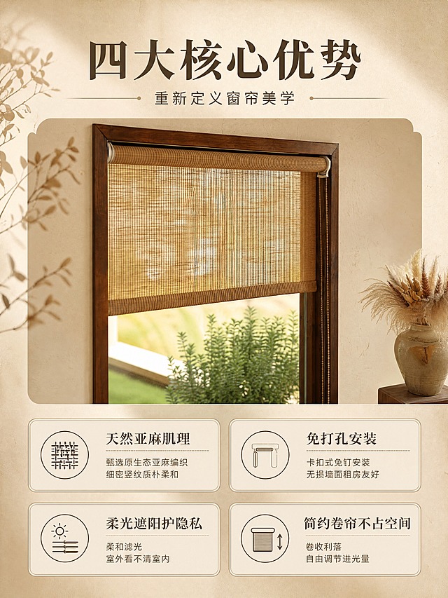 [商品] 使用【图2】【图5】亚麻卷帘窗帘；保留亚麻编织肌理、卷帘结构、拉珠配件、木窗框；商品处理：保持真实照片原貌，增强亚麻纹理质感，不修改商品本体。
[画面] 页面目标：四大核心卖点总览，让用户快速了解产品全部优势。构图：中心大图+四宫格卖点环绕，上方主标题，中间为卷帘主视觉大图，下方四个卖点图标+文字呈2x2排列。主体占画面50%位于中央，四周为信息区。
[视觉] 套系策略：风格=侘寂中古风真实商业摄影，暖调自然光质感；标题字=宋体衬线粗体，古朴雅致；正文字=简洁无衬线体；主色=亚麻暖棕；背景延展=基于亚麻暖棕做深浅层级、米白墙面同色系渐变、天然织物纹理质感；强调色=深木棕，仅用于小面积图标、引线和标签点缀；标题色=深炭棕；正文色=暖灰棕；组件=细木色线条、圆角浅棕信息卡、自然植物元素点缀；光影=侧前暖柔光，自然真实。
[文字] 顶部主标题"四大核心优势"，副标题"重新定义窗帘美学"。四个卖点分别为：①「天然亚麻肌理」甄选原生态亚麻编织 细密竖纹质朴柔和；②「免打孔安装」卡扣式免钉安装 无损墙面租房友好；③「柔光遮阳护隐私」柔和滤光 室外看不清室内；④「简约卷帘不占空间」卷收利落 自由调节进光量。每个卖点配简约线性图标，横向排版。
[规格] 图片比例3:4竖版，分辨率4K，负向提示：避免变形、错字、文字过小、冷蓝灰调、商品颜色改变、结构失真、塑料感。