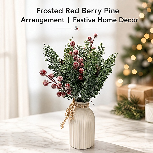 E-commerce product main image, 1:1 square ratio, the artificial Christmas pine branch with frosted red berries in a white ribbed ceramic vase from the reference image, placed on a clean white marble tabletop, soft warm window light from the side, subtle shadow, minimalist festive background with bokeh Christmas lights, premium product photography style, high-end commercial aesthetic, English text overlay on upper area: "Frosted Red Berry Pine Arrangement | Festive Home Decor", clean modern sans-serif font, professional e-commerce listing photo, sharp focus on the product