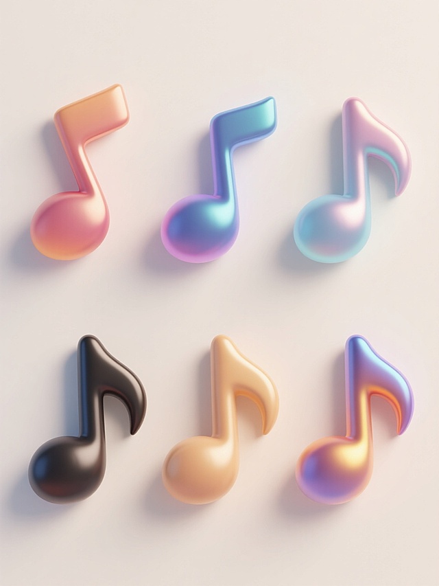 6个不同配色、不同样式、不同材质的3D立体音符造型，每个音符都具有光滑圆润的曲面和饱满的体积感，呈现出类似原图的渐变光泽质感，整体排列为上下两行对齐分布，背景为浅色，所有音符保持统一的3D风格和精致的光影效果，无任何文字、LOGO、二维码及多余装饰元素。