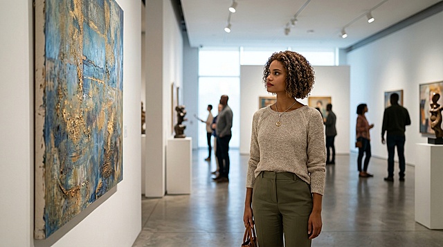 欧美女人在艺术画廊日常看展佩戴这款棕褐色短卷发假发，保持假发卷曲纹理和棕色调主体特征不变，超清4K画质，自然真实文艺场景