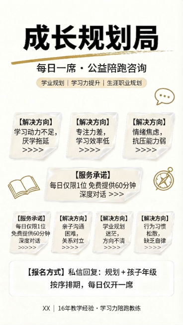 调整海报排版：将服务承诺单独放一排，六个解决方向排列成两排，每排三个，保持原有的半透明卡片设计风格，其余所有设计元素、文案、配色、字体都保持不变，只调整排版布局。预览效果