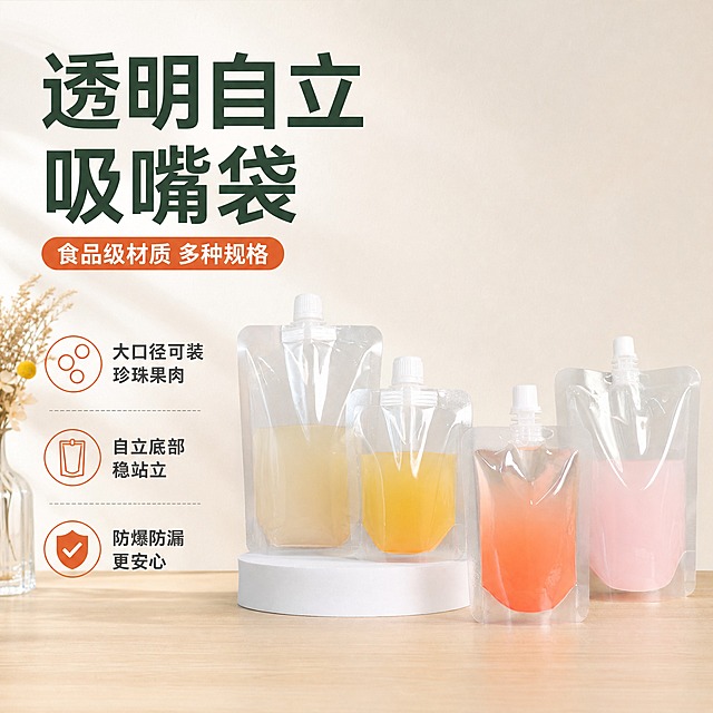 [主图-1] 透明自立吸嘴袋 首图产品识别与购买欲 多规格展示。
[统一基调] 淘宝天猫专业品质风格，洁净通透，明亮自然光，高亮通透，清爽秩序感，实用主义。背景主色浅米白+浅木色，标题字色深墨绿，辅助字色深灰，强调色橙红，字体为无衬线粗体，字号层级分明，卡片圆角轻阴影样式。
[画面] 产品居中偏右，占画面约65%，展示4-5只不同容量规格的透明自立吸嘴袋整齐陈列在浅木色台面上，袋内装有不同颜色的饮品（米白豆浆、金黄酸梅汤、粉红果汁、淡绿凉茶等），吸嘴盖为白色旋盖，袋身透明清晰可见液体，自立底部平稳站立。左侧留出负空间放置标题文字。台面有柔和接触阴影，背景为浅米白渐变墙面，左侧角落点缀少量干花装饰，整体氛围干净温馨。产品外观、形状、直径、透视角度、颜色与输入图完全一致，禁止变形、禁止改变体直径、禁止改变形状、禁止改变透视角度、禁止重新绘制产品、禁止新增产品、禁止减少产品、禁止改变产品颜色。
[光影质感] 商业摄影质感，左上侧主光，柔和漫射光，透明袋身有自然高光反射，液体通透有质感，台面有柔和投影，整体明亮干净。
[配色] 背景浅米白+浅木色台面，深墨绿标题，深灰辅助文字，橙红强调色，整体清新洁净。
[文字版式] 左上大标题「透明自立吸嘴袋」，副标题「食品级材质 多种规格」，底部三列亮点：「大口径可装珍珠果肉」「自立底部稳站立」「防爆防漏更安心」，文字清晰不遮挡产品主体。
[输出要求] 1:1比例，2048x2048像素，文字清晰可读，产品清晰完整，无变形，无错字，无水印，无平台Logo。禁止产品变形，禁止改变体直径，禁止改变形状，禁止改变透视角度，禁止重新绘制产品，禁止新增产品，禁止减少产品，禁止改变产品颜色。