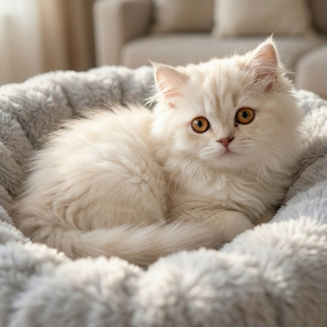 一只拥有图2脸型的软萌小猫，保持图4的写实风格，毛发蓬松柔软，姿态乖巧治愈预览效果