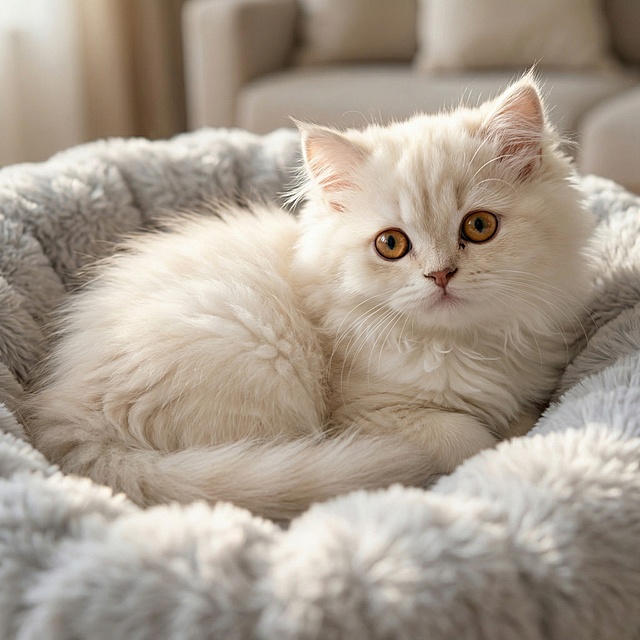 一只拥有图2脸型的软萌小猫，保持图4的写实风格，毛发蓬松柔软，姿态乖巧治愈