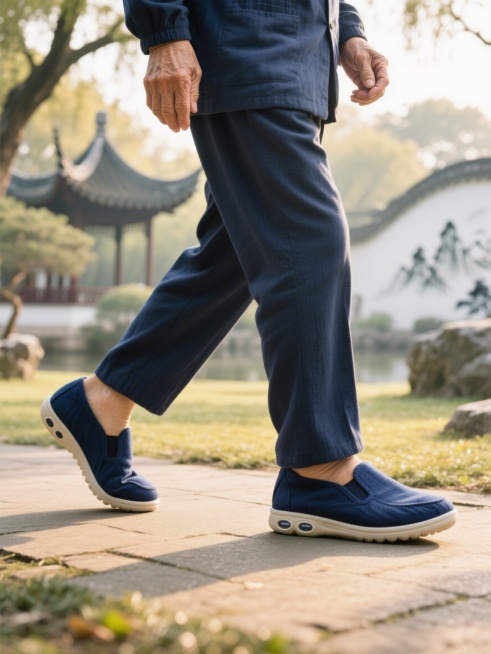 60岁精神矍铄的中国老年男士在清晨的公园散步，脚穿深蓝色带气垫底的布鞋，脚部特写，阳光洒在鞋面上突出布料质感，背景是虚化的中式园林，画面角落点缀淡淡的水墨山水元素，暖色调，高画质预览效果