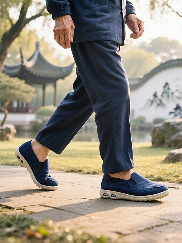 60岁精神矍铄的中国老年男士在清晨的公园散步，脚穿深蓝色带气垫底的布鞋，脚部特写，阳光洒在鞋面上突出布料质感，背景是虚化的中式园林，画面角落点缀淡淡的水墨山水元素，暖色调，高画质