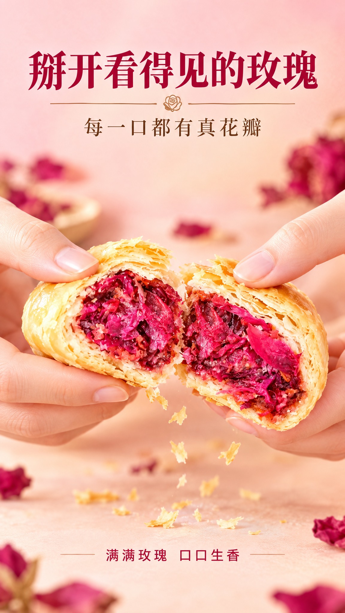 [商品] 使用【图1】云南玫瑰鲜花饼；保留金黄酥皮、玫红色玫瑰… - 图片创意预览