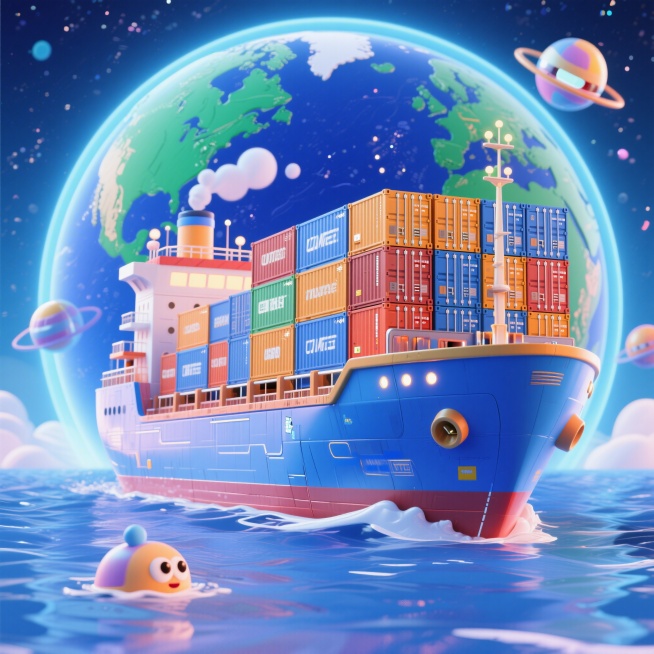 蓝色科技风，宇宙背景，一艘装满货柜的海运船在半圆的地球海洋上航行预览效果