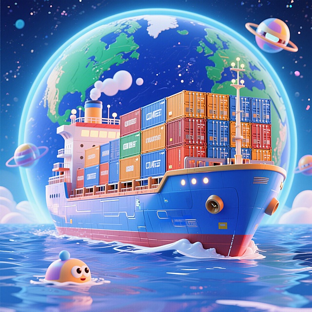 蓝色科技风，宇宙背景，一艘装满货柜的海运船在半圆的地球海洋上航行