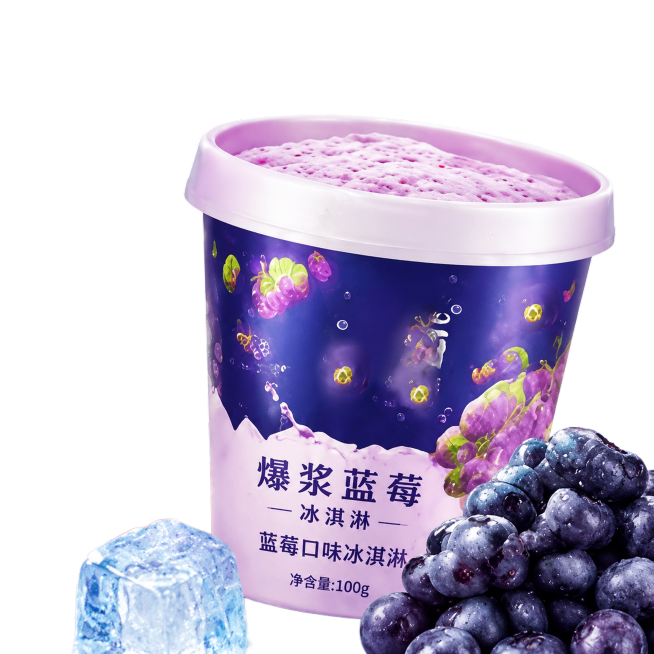[主图-1] 蓝莓口味冰淇淋首图，突出清凉食欲感。
[氛围风格] 清新夏日冰爽氛围，诱人食欲感，保持原图蓝莓紫设计风格
[画质] 商业摄影质感、光线柔和通透、产品清晰真实、画面干净高级。
[元素] 蓝预览效果