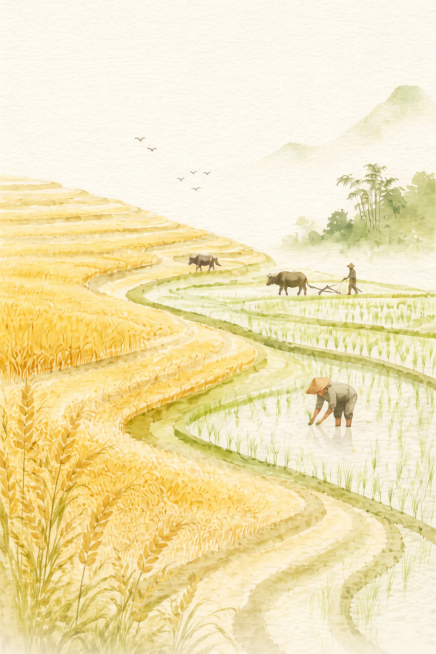 去掉图片上所有的文字和二维码，保留原图的水墨风格、梯田耕作场景和整体构图色调预览效果