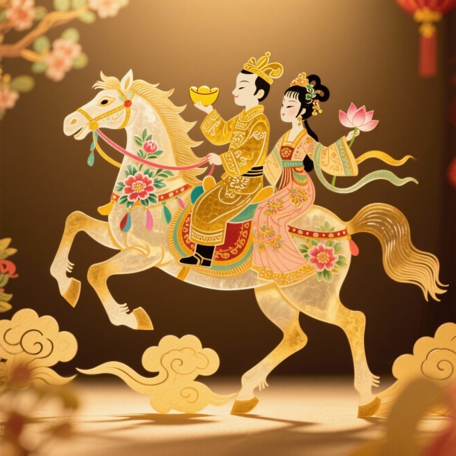 主体是金童玉女，金童手持元宝，玉女手持莲花，两人共同骑在一匹装饰牡丹与彩带的金色骏马上。骏马呈腾空飞跃姿态，蹄下有祥云与花瓣。背景为棕黄色，带有柔和光效，整体呈现祥瑞、喜庆、团圆的春节主题。预览效果