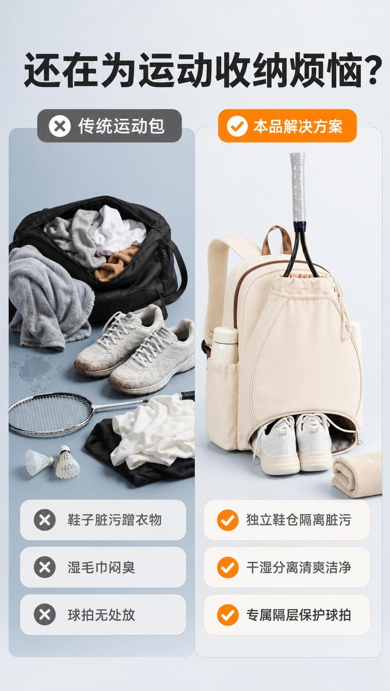 [商品] 使用【图1】米白色羽毛球双肩包；保留整体结构、球拍前… - 图片创意预览