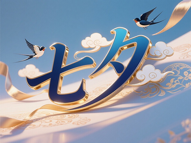 中式插画风，大字“七夕”鎏金设计，祥云喜鹊点缀，浪漫节日氛围。
