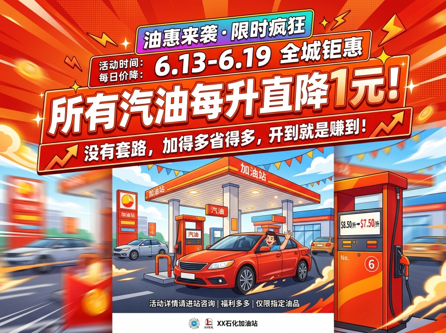 6.13-6.19，所有汽油每升直降1元！没有套路，加得多省得多，开到就是赚到！预览效果