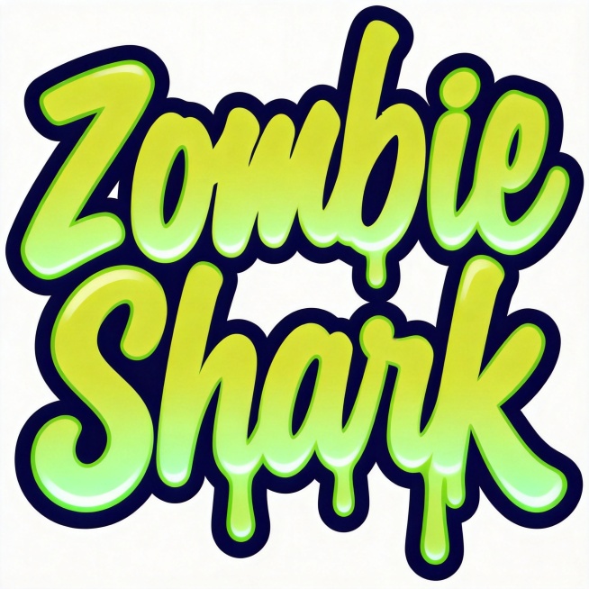 参考图风格，字体基础为手写粗圆体，生成logo文字"Zombie Shark"，整体黄绿色渐变填充，深海军蓝粗描边，浅绿色内发光，部分笔画做融化滴落效果，字体粗圆饱满，所有文字排列紧凑融为整体，活泼俏预览效果