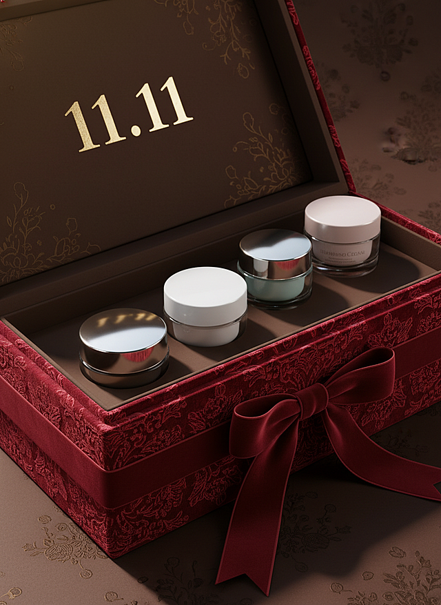 奢华复古风礼盒，鎏金浮雕纹饰，红丝绒面料包裹，3D重拟物质感，中式典雅设计，双11节日限定。