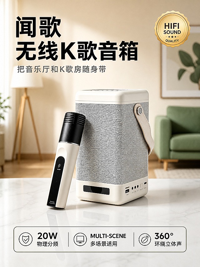 [主图-2] 无线K歌音箱 核心价值与多场景适用卖点图。
[统一基调] 淘宝/天猫3:4主图，专业品质感，温馨家居风，主标题黑色粗体大字，辅助文字深灰色，强调色为金色，圆角细线图标卡片，字体为现代无衬线，字号层级分明。
[画面] 产品为米白色便携K歌音箱+同色无线麦克风，音箱方形立柱造型正面金属网罩右侧皮质手提带，麦克风黑白拼色手持。产品位于画面中心偏下，占画面约50%，正面微侧视角，放置在光洁的白色大理石桌面上。背景是虚化的现代客厅场景，可见浅绿色布艺沙发、落地灯、装饰画，营造居家温馨氛围。右上角有一枚金色圆形徽章。
[光影质感] 柔和室内自然光，从左前方照射，产品在桌面有柔和倒影和接触阴影，音箱网罩纹理清晰，塑料外壳有细腻高光，整体高级家居摄影质感。
[配色] 主背景米白+浅绿家居色调，标题黑色，强调色金色徽章，产品米白色，整体干净高级。
[文字版式] 左上主标题分两行：第一行"闻歌"，第二行"无线K歌音箱"，黑色粗黑体。主标题下方灰色小字副标题："把音乐厅和K歌房随身带"。右上角金色圆形徽章内两行文字："HIFI SOUND"、"QUALITY"。底部一条白色圆角细线边框横条，内有三个等分布局的图标+文字，图标为黑色细线风格：左侧"20W 物理分频"，中间"MULTI-SCENE 多场景适用"，右侧"360° 环绕立体声"。文字均放在负空间，不遮挡产品。
[输出要求] 3:4竖版比例，文字清晰，产品完整清晰，光影自然。禁止变形、错字、模糊、水印、平台Logo。