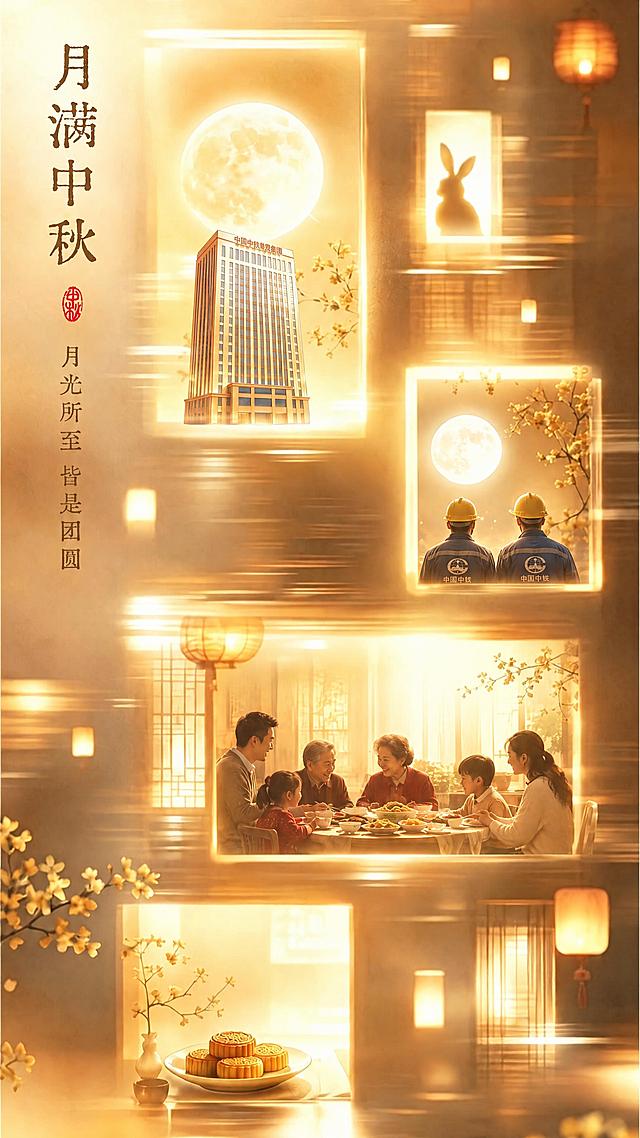 保持原图整体布局、画框位置、画框尺寸比例、画框数量、画框排列、左侧竖排文字“月满中秋 月光所至皆是团圆”、左上角印章、整体暖金色调、光影效果、桂花枝、灯笼、背景模糊光效全部完全不变。仅将右侧中间画框内的两名建筑工人背影剪影替换为与整图一致的超写实风格真实人物，保留安全帽和工作服，背影朝向月亮，人物细节真实自然；将下方大画框内的一家人围坐吃饭的剪影替换为与整图一致的超写实风格真实人物，一家人围坐在圆桌旁吃团圆饭，人物面容和服饰真实细腻，暖光氛围。其余所有元素（上方大楼画框、玉兔剪影画框、底部月饼画框、所有画框的发光边框、背景、文字、桂花、灯笼、月亮）严格保持原样，位置和大小丝毫不改。