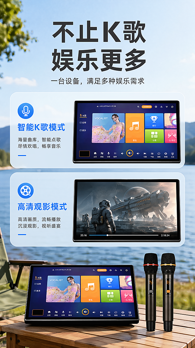 「图片1」「图片1」「图片1」1.产品名称是：DPS数字混音话筒一体机
2.卖点：语音点歌/智能语音K歌/可以观看电影/U盘加歌/手机轻松点歌
3.主打场景：户外聚会，多人k歌
4.图片风格需要以简洁为主，多为户外场景，少数灰白场景插入即可
5.卖点功能需要重点展示