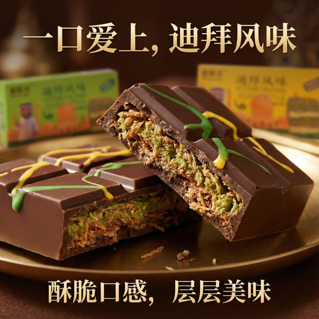 这张图片是产品主体这款产品是迪拜巧克力， 产品克重分别是45克和25克，口味有榛子味和开心果味    我需要设计20张主图在拼多多上面售卖 主图场景布局能用到的多场景元素布局显得高级一些      场预览效果