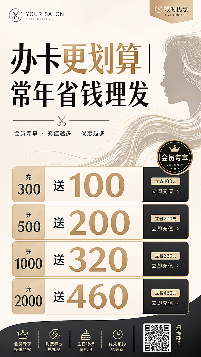 美发办卡优惠海报设计，主标题“办卡更划算｜常年省钱理发”，充值福利：充300送100，充500送200，充1000送320，充2000送460，现代简约风格，清晰醒目，适合手机端宣传