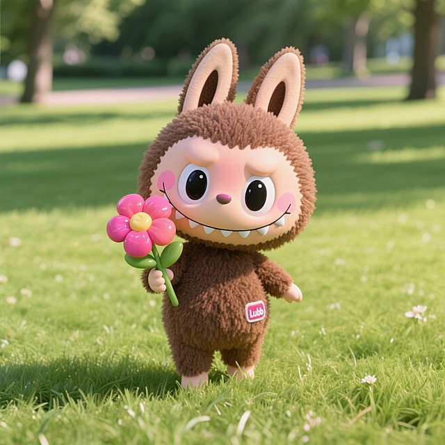 它手拿花朵在公园草坪上