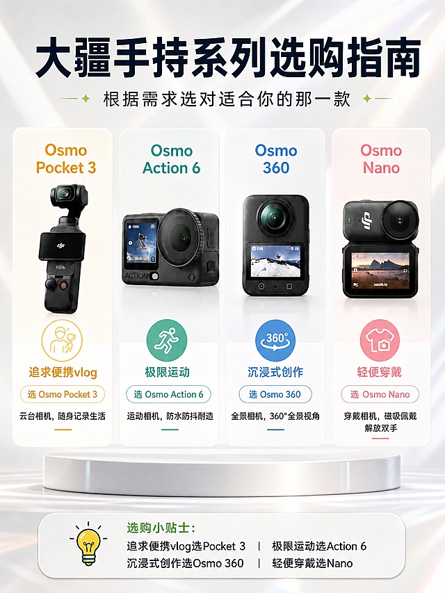 3:4竖版商业数码海报，奶白色纯色浅背景，细腻哑光珠光质感，淡淡的银白镭射微光，柔和干净侧光，白色圆形升降展台，清新高级科技感，8K高清，商业渲染，文字清晰完整，排版规整。

画面顶部大标题："大疆手持系列选购指南"，副标题："根据需求选对适合你的那一款"。

画面中部展示4款大疆手持相机产品图，每款产品对应一个使用场景推荐，产品外观严格参考原图，保持产品外形、结构、颜色、LOGO一致，不重新设计产品。

选购指南内容：
"追求便携vlog" → 选 Osmo Pocket 3（云台相机，随身记录生活）
"极限运动" → 选 Osmo Action 6（运动相机，防水防抖耐造）
"沉浸式创作" → 选 Osmo 360（全景相机，360°全景视角）
"轻便穿戴" → 选 Osmo Nano（穿戴相机，磁吸佩戴解放双手）

画面底部有选购小贴士区域，灯泡图标搭配总结文案。

画面中必须完整呈现以上所有选购指南文案和产品名称，画面中所有文字信息必须清晰完整。画面中所有信息区域、推荐卡片必须填充完整合理的内容，不得出现空白框。版式精美，商业质感。