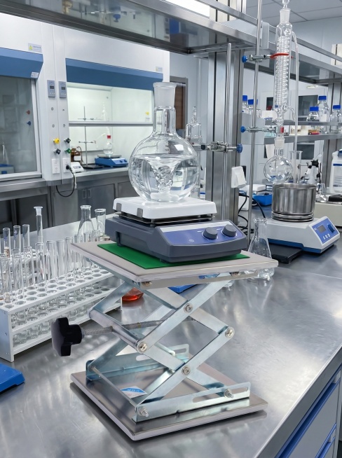 化学合成实验室，升降桌承载着一个磁力搅拌器热板，方便实验员在不同姿势下观察反应液状态和进行投料操作。特写烧瓶中的搅拌子。 比例3:4预览效果