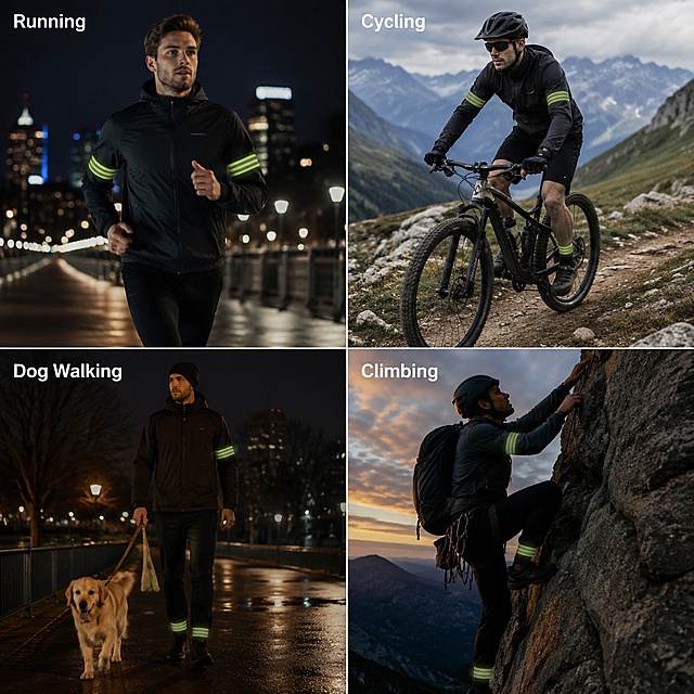 Amazon UK outdoor sports commercial photography, 8K realistic high definition, outdoor natural light, clean low saturation background, only English text no Chinese, no watermark no clutter, well-composed, 1:1 square. Image 4: four major outdoor scenes 2x2 grid atmospheric image. Real scene partitions: night city jogging, mountain cycling, night dog walking, rock climbing, respectively labeled "Running" / "Cycling" / "Dog Walking" / "Climbing", intuitively showing full outdoor scene adaptability.