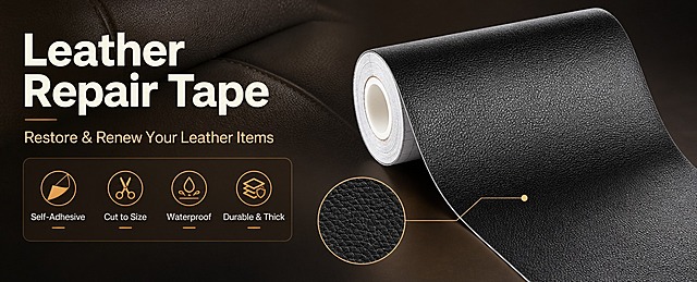 [商品] 使用【图5】黑色荔枝纹自粘皮革修复胶带（卷装形态）；保留黑色荔枝纹纹理、卷装白色纸芯、皮革材质质感、自粘背胶结构；增强皮革纹理清晰度和光泽质感，不改变颜色和材质。
[画面] 目标：专业头图，展示产品全貌与核心修复价值。左文右图构图，左侧为标题和核心卖点区，右侧主体为卷装皮革修复胶带展开一部分，产品占画面约55%。前景：胶带局部特写纹理；中景：完整胶带卷+展开的皮革片；后景：深棕到黑色的低饱和渐变背景，隐约有沙发皮革纹理暗纹。阅读动线从左上标题到右侧产品。
[视觉] 套系策略：风格=跨境极简高级商业摄影风；标题字=现代无衬线粗体（英文字体）；正文字=简洁无衬线体；主色=深棕黑（#2C1810）；背景延展=基于深棕黑做深浅层级渐变、同色系明暗过渡、细腻皮革暗纹质感；强调色=暖金棕（#B8860B），仅用于小面积图标、引线和标签；标题色=米白色（#F5F5DC）；正文色=浅灰米色（#D2B48C）；组件=圆角深棕信息卡、细线引线、简约图标；光影=左前侧暖柔光，产品右侧有自然轮廓光。
[文字] 左上区域主标题："Leather Repair Tape"，副标题："Restore & Renew Your Leather Items"；下方4个短卖点图标+文字："Self-Adhesive"、"Cut to Size"、"Waterproof"、"Durable & Thick"；文字区不遮挡产品主体。所有文字横向排版，英文地道表达。
[规格] 亚马逊高级A+电脑端61:25横版，4K分辨率，负向提示：避免变形、错字、文字过小、颜色改变、材质失真、中文文字、纯白背景、过度美化滤镜。