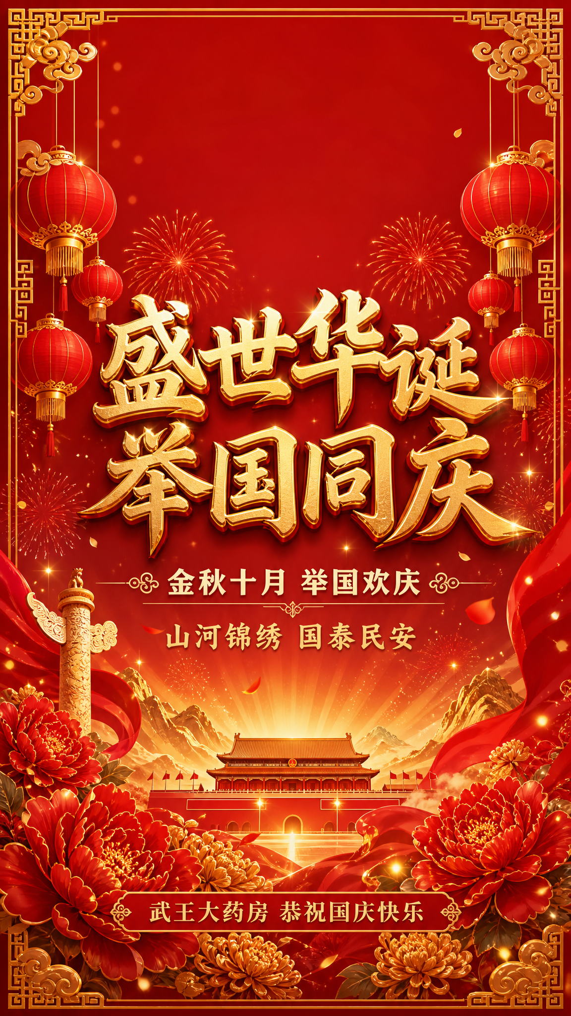 国风新中式工笔风格的国庆节祝福海报，竖版，喜庆中国红与暖金色为… - 图片创意预览
