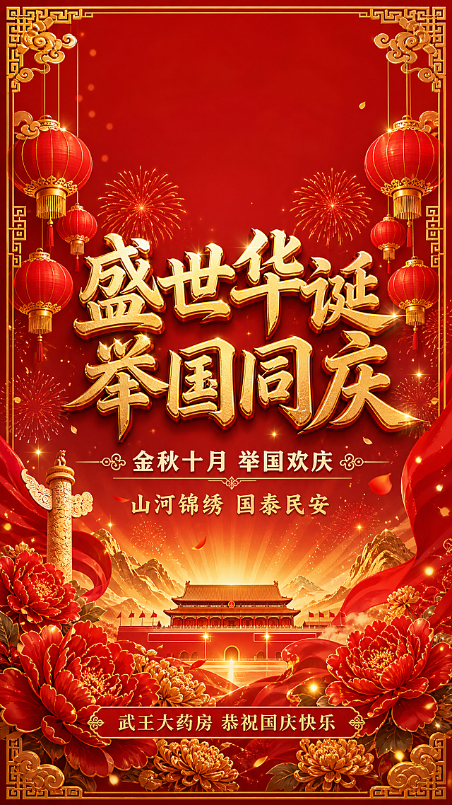 国风新中式工笔风格的国庆节祝福海报，竖版，喜庆中国红与暖金色为主色，背景为深红到暖红的柔和渐变，画面精致典雅、氛围喜庆热烈、版式精美，2K 超高清。

画面上方约六分之一的区域为干净留白区：只有纯净的红金渐变背景，不加任何文字、图形、灯笼与装饰元素，左上角尤其保持干净空白，供后期自行添加品牌 logo；整个画面中不生成任何 logo 或品牌标识图形。

背景层：金色祥云纹样与传统回纹边框环绕画面四周，成排大红灯笼从画面上部两侧垂下（避开顶部留白区），画面中下部有金色光芒与放射光束，夜空绽放金色与红色烟花，红色绸带飘动，数朵盛开的红色牡丹花与金色菊花点缀，金色星芒闪烁。

中景：中央为大型金色立体字主标题，下方依次是副标题与祝福语。文字排版从上到下：
主标题（超大号金色立体字，居中）："盛世华诞 举国同庆"
副标题（中号米白与金色字，居中，位于主标题下方）："金秋十月 举国欢庆"
祝福短句（中号金色字，居中）："山河锦绣 国泰民安"
底栏（横向暖红色底栏，居中排列，金色细描边）："武王大药房 恭祝国庆快乐"

前景点缀：虚化飘落的金色纸屑与暖色光斑、少量红色花瓣与金色星星，带景深，不遮挡文字。

氛围：顶部自然光与侧前方柔光，金色光效高级不刺眼，整体明度适中、红金层次丰富。画面仅保留与节日祝福直接相关的内容。

留白与排版：四边留足安全边距，主次层级分明，主标题区域保持干净不重叠，文字均放在负空间并清晰可读。

画面中所有文字必须为规范简体中文、清晰可读、无错别字、无乱码、无多余文字，字体端正大气。

画面中不出现任何二维码；如画面中出现二维码区域，一律使用纯色方块占位符呈现，方块中央标注"二维码占位"文字，严禁生成任何可识别的二维码图案。

画面中所有信息区域、底栏、祝福语条目等必须填充完整合理的内容，不得出现空白框、空白占位、横线待填写区域、空列表项；确保是完整可用的成品海报而非待填写模板。

画面不得出现医疗疗效宣传或功效承诺表述。